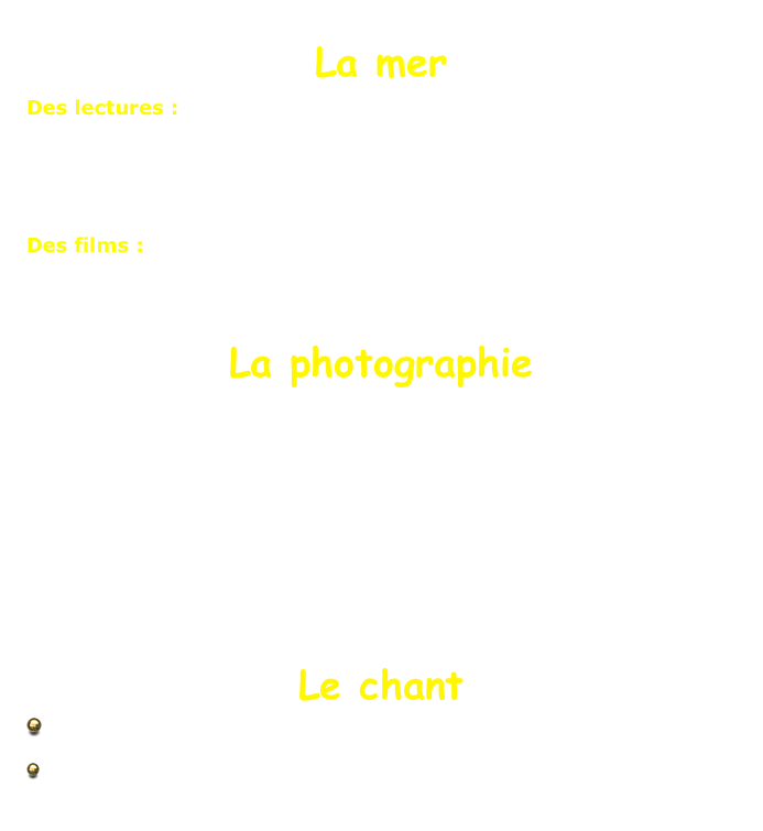 La mer
Des lectures :
 “Ocean ‘The world’s last wilderness revealed”, American Museum of Natural History, 2006
 “Abysses”, C. Nouvian, Ed. Fayard, 2006
 “Planète Mers”, L. Ballesta & P.Descamp, Ed. Michel Lafon, 2005
 “La mer”, Numéro spécial de La Recherche, Juillet-Août 2002, N°355
Des films :
 “Planète Océan”, NHK, distribué par Téléimages
 “Deep Blue”, BBC, 2003
La photographie
 “Guide de la photo”, Peter Brian & Robert Caputo, Publication : National Geographic Society, 2001, ISBN: 2-84582-032-1
“Guide de la photo : Paysages”, Robert Caputo, Publication : National Geographic Society, 2002, ISBN: 2-84582-049-2
 “Guide de la photo : La photo numérique”, Rob Sheppard, Publication : National Geographic Society, 2003, ISBN: 2-84582-099-2
 “La photo numérique sous-marine, Guide Pratique”, Isabelle et Amar Guillen, Editions VM, 2004, ISBN: 2-212-67251-9

Une sélection de livres sur la météorologie de l’espace, changement climatique et autres est disponible sur ma page pro.

Le chant
 “La voix ouverte”, Emmanuelle Piganiol, Editeur: Gérard Billaudot. Un petit livret avec CD idéal pour s’entrainer et se chauffer la voix
 “Le chant pour les nuls”, plus besoin de présenter cette collection. Avec CD également pour des exercices spécifiques